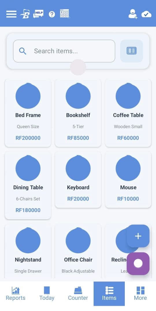 BizStack inventory screen